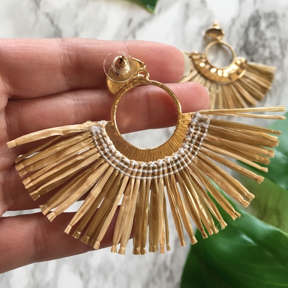 Raffia Straw Goldtone Boho Festival Earrings New - Picture 5 of 5